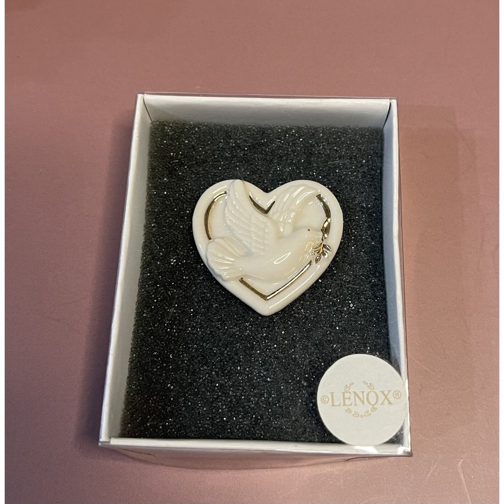 Vintage LENOX Heart Shaped White & Gold Porcelain Brooch Pin with Peace Dove